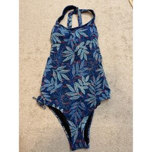 Cupshe One Piece Swimsuit Blue Leaf Print Halter Tie Back Women's Size M